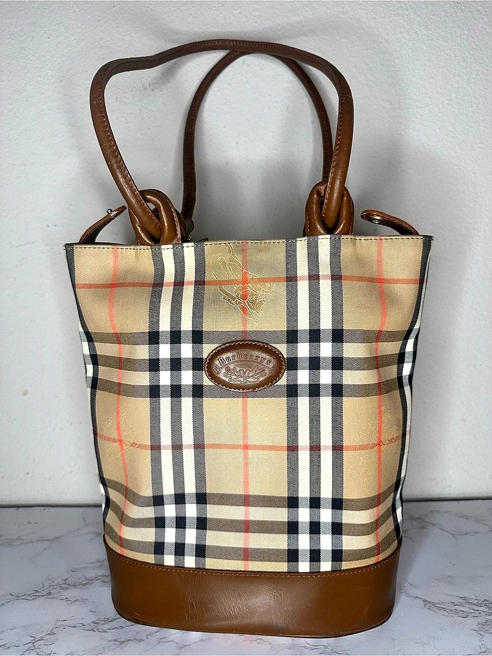 Burberry Vintage Burberrys Nova Check Bucket Bag Plaid Tote in Brown & Beige